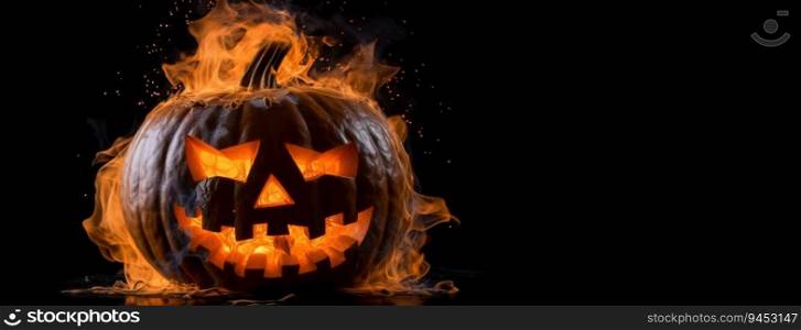 Halloween scary pumpkin on fire, black background, isolate. Header banner mockup with copy space. AI generated.. Halloween scary pumpkin on fire, black background, isolate. AI generated.
