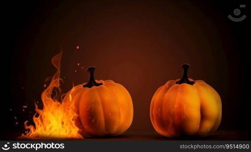 Halloween scary pumpkin on fire, black background, isolate. Header banner mockup with copy space. AI generated.. Halloween scary pumpkin on fire, black background, isolate. AI generated.