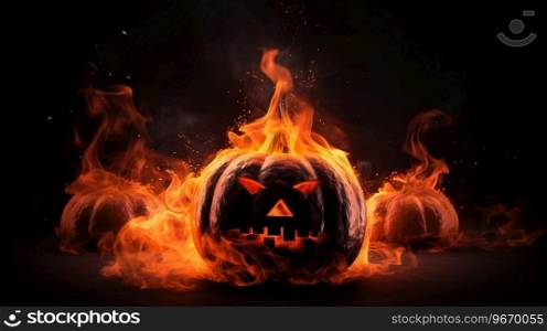 Halloween scary pumpkin on fire, black background, isolate. Header banner mockup with copy space. AI generated.. Halloween scary pumpkin on fire, black background, isolate. AI generated.
