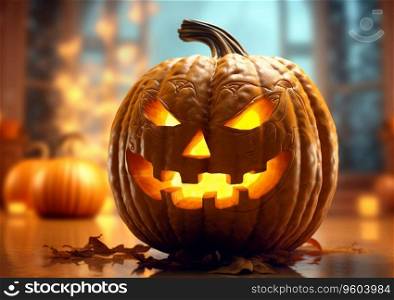 Halloween scary pumpkin with devil smile on dark background.AI Generative