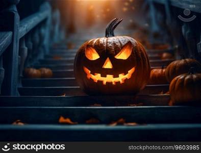 Halloween scary pumpkin with devil smile on dark stairs on spooky night.AI Generative