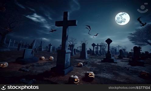 Halloween scary pumpkin with fire in the cemetery at night,`background. Header ban≠r mockup with©space. Graφc illustration. AI≥≠rated.. Halloween scary pumpkin with fire in the cemetery at night,`background. AI≥≠rated.