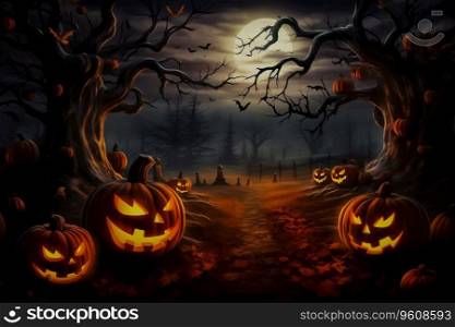 Halloween scene concept with Pumpkins In A Spooky Forest At Night castle bats cemetery Ai generated