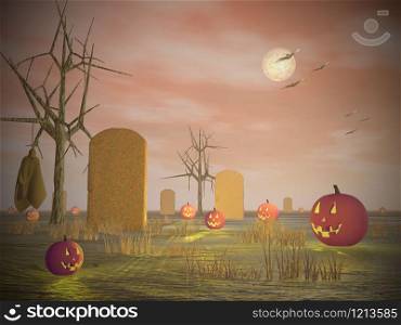Halloween scenery with pumpkins, tombstones and corpse hanging on dead tree by full moon night - 3D render