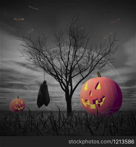 Halloween scenery with pumpkins, tombstones and corpse hanging on dead tree by full moon night, black background and colorful objects - 3D render