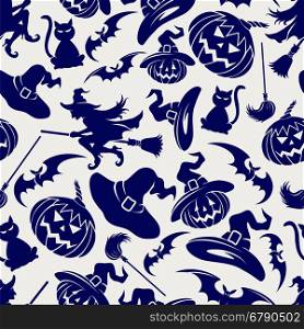 Halloween seamless blue pattern. Halloween seamless pattern with witch hat cats bats and pumpkins. Vector illustration