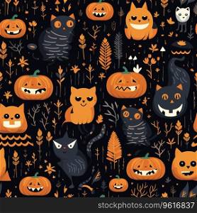 Halloween seamless pattern features a spooky and festive design with jack-o-lanterns, black cats, and ghosts. Generative AI