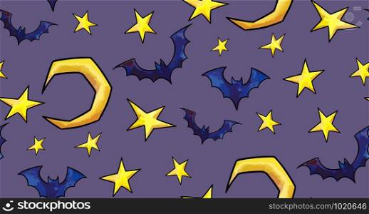 Halloween. Seamless pattern. The moon, stars, bats.. Halloween. Seamless pattern with moons, stars, bats.