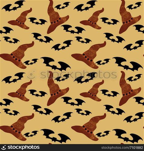 Halloween seamless pattern with silhouette bat and hat on light orange background. Illustration for holiday celebration, wrapping paper, banner