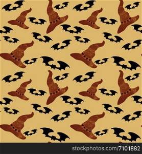 Halloween seamless pattern with silhouette bat and hat on light orange background. Illustration for holiday celebration, wrapping paper, banner