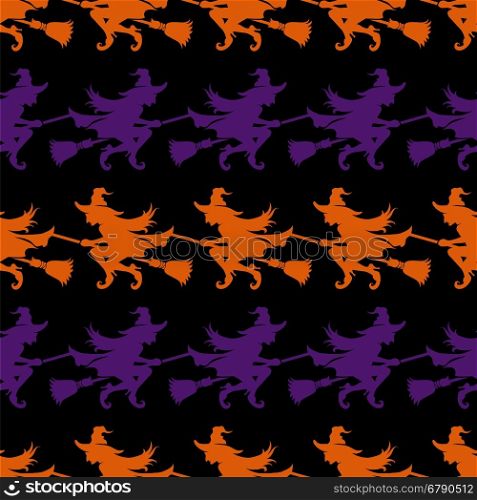 Halloween seamless pattern with witch. Halloween seamless pattern with witch on a broomstick on black background. Vector illustration