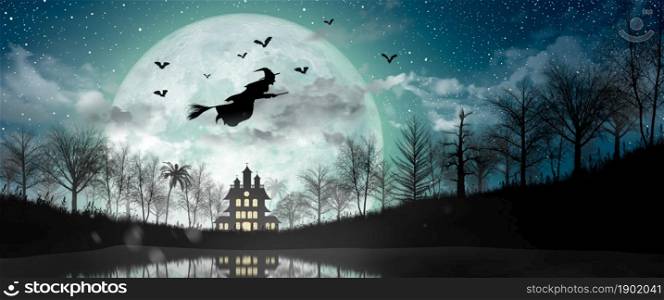 Halloween Silhouette of Witch flying over the full moon, haunted house, bats, and dead tree.