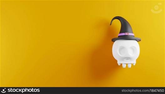 Halloween skull spooky wearing a witch&rsquo;s hat on yellow background, Halloween costume element, 3D rendering illustration