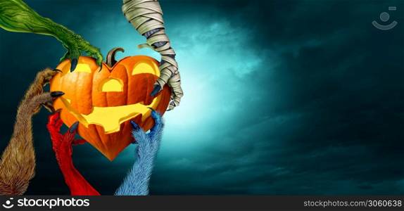Halloween Spooky Halloween monster hands holding a pumpkin heart as a zombie a werewolf or mummy and creepy red devil hand grabbing a jack o lantern in a 3D illustration style.