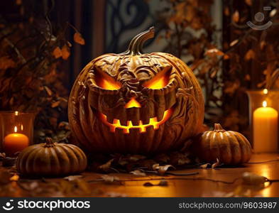 Halloween spooky pumpkin with smile on devil night background.AI Generative