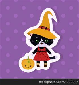 Halloween sticker with cute kawaii cat and pumpkin on purple background. Cartoon flat style. Vector illustration