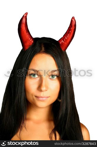 halloween style - portrait of sexy brunette with red horns isolated on white