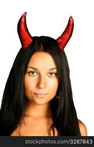halloween style - portrait of sexy brunette with red horns isolated on white