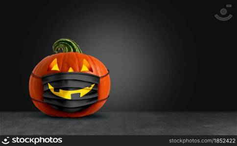 Halloween surgical mask as a jack o lantern pumpkin wearing a medical face protection as an autumn symbol for disease control and virus infection and coronavirus or covid-19 safety on a black background in a 3D illustration style.