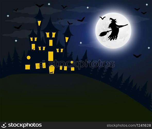Halloween, the witch s house on the full moon. Bats and an old granny on a broomstick. Halloween, the witch s house on the full moon. Bats and an old g