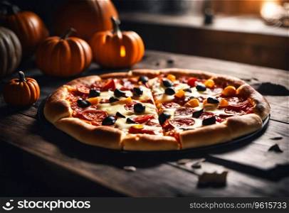 Halloween themed pizza on wooden table with Jack O Lantern pumpkin heads around