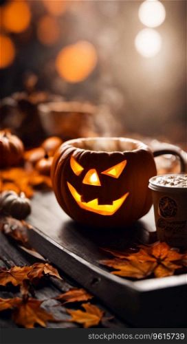 Halloween themed pumpkin spiced coffee setting with mug and moody decor