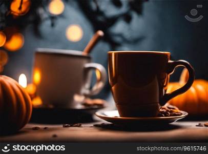 Halloween themed pumpkin spiced coffee setting with mug and moody decor