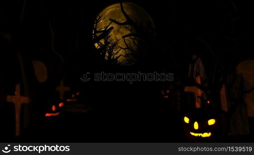 Halloween with ghost, bats and pumpkins, graves, at misty night spooky with fantastic big moon in sky. 3D rendering