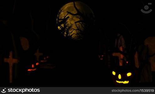Halloween with ghost, bats and pumpkins, graves, at misty night spooky with fantastic big moon in sky. 3D rendering