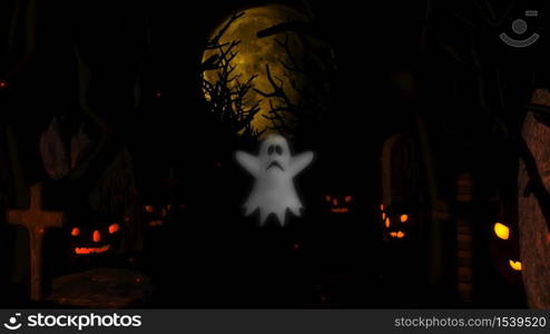 Halloween with ghost, bats and pumpkins, graves, at misty night spooky with fantastic big moon in sky. 3D rendering