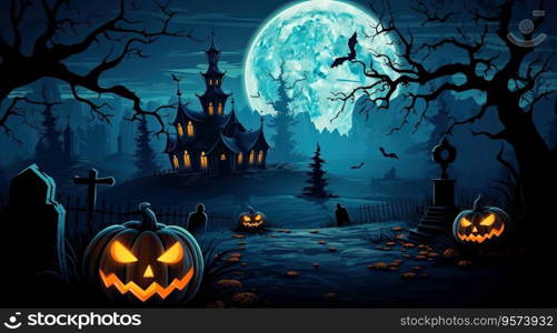 Halloween with tradition symbols. Pumpkins and dark castle on blue Moon background.