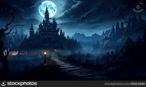 Halloween with tradition symbols. Pumpkins and dark castle on blue Moon background.