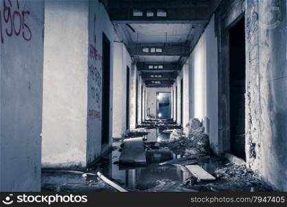 hallway walkway abandoned building can use horror movie scene background