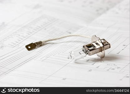 halogen lamp on the background of electric circuit