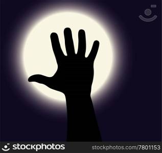 Haloween black hand on a white moon background. Vector hand