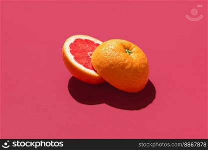 Halved grapefruit in bright light minimalist on a magenta table. Juicy and delicious grapefruit isolated on a vibrant colored background.