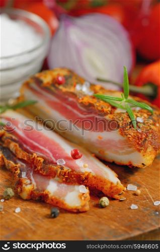 ham and vegetables on old table wood