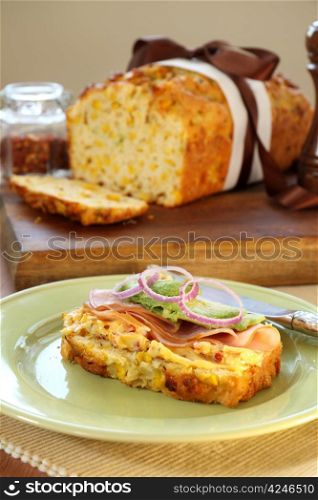 Ham, avocado and red onion on buttered corn bread.