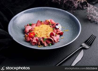 ham in cheese sauce on plate