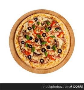 Ham pizza with capsicum, mushrooms, cherry tomatoes, olives and basil leaves isolated on white top view