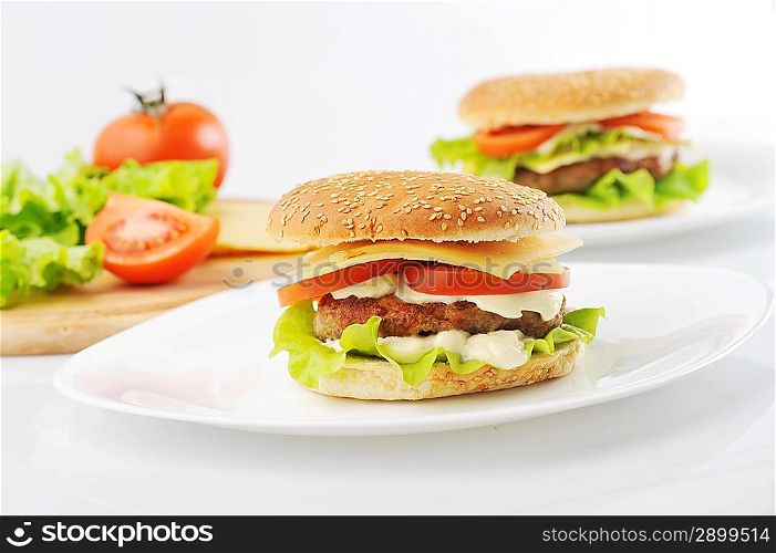 hamburger and vegetables on white