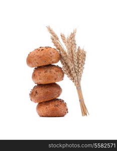 hamburger bun or roll and wheat ears bunch isolated on white background cutout