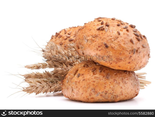 hamburger bun or roll and wheat ears bunch isolated on white background cutout