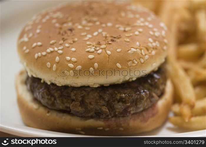 hamburger. hamburger and fried potatoes