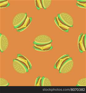 Hamburger Seamless Pattern on Orange Background. Set of Sandwiches. Unhealthy Fast Food. Hamburger Seamless Pattern
