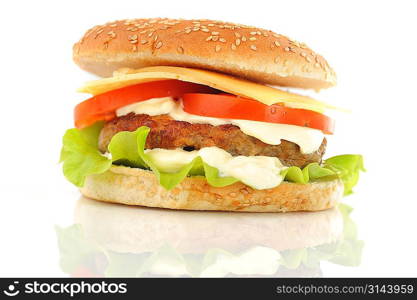 hamburger with cutlet and vegetables close up