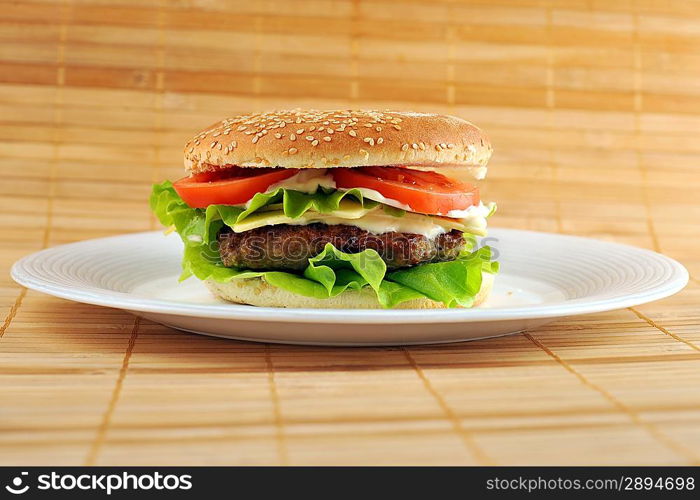 hamburger with cutlet and vegetables on dish