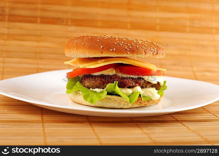 hamburger with cutlet and vegetables on dish