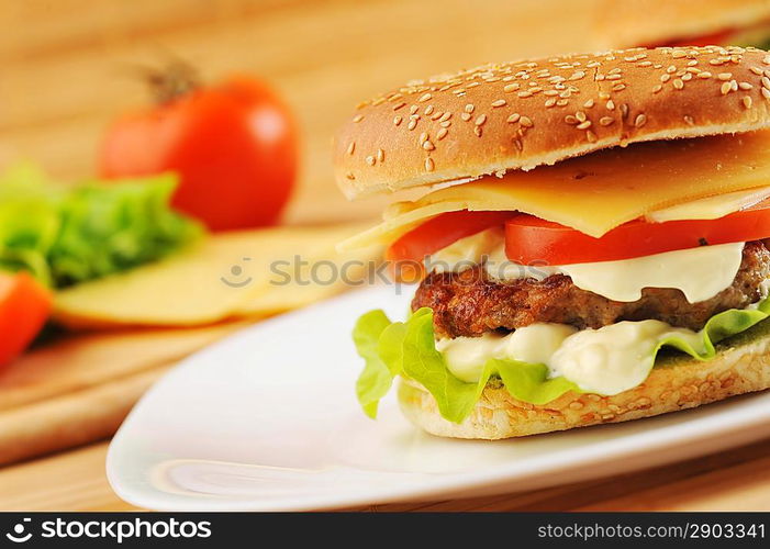 hamburger with cutlet and vegetables on dish