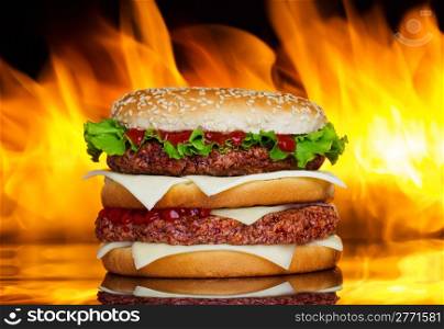 Hamburger with fire